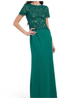 Tadashi Shoji Emerald Green Lace Bodice Maxi Dress